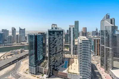 an aerial view of a city with tall buildings at Silkhaus high floor 1BDR in Southridge in Dubai