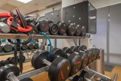 a row of dumbbells on a rack in a gym at Bellavista - Splendid - 2BR plus Maid - 29 Boulevard - Burj Khalifa & Fountain in Dubai