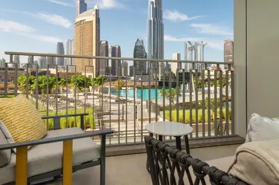 a balcony with a view of the city at Prime Retreats @ Downtown Views by Emaar in Dubai