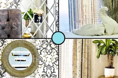 a collage of photos with a white swan and a mirror at The Shrashi Suites, Dubai Creek Harbour - Paradise on the Island with Dubai Skyline & Waterfront View in Dubai