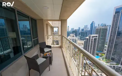 a balcony in a building with a view of the city at Luxury 2 Bedroom Suite with Full Burj Khalifa View in Dubai