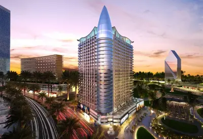 a rendering of a tall building in a city at Silkhaus luxurious 1BDR in AG Tower, Business Bay in Dubai