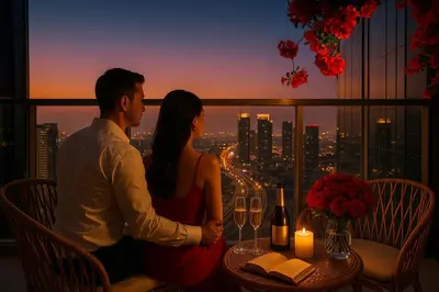 a man and a woman sitting at a table with wine glasses at Keyrock Living - Burj Khalifa View Retreat with Pool in Dubai