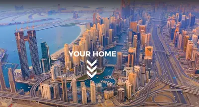 a view of a city with the words your home at 50% OFF Summer Offert, Nice w/ Balcony & Pool View in Dubai
