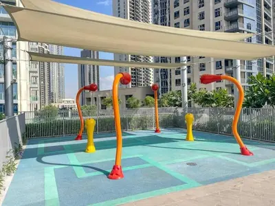 a painting of a playground with orange and yellow poles at Vogue Creek Harbour The Grand Waterfront Living close to Downtown, Burj Khalifa and Dubai Mall, Two Bedroom Apartment with Balcony, Canal and Vibrant Community View, Access to all Amenities in Dubai