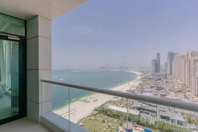 a view of the beach from a building at Beachfront 1 Bed with Full JBR View in Dubai