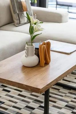 a coffee table with a vase and a plant on it at Frank Porter - Marquise Square Tower in Dubai