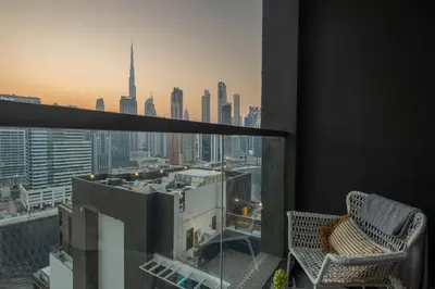 a balcony with a view of a city skyline at Frank Porter - 15 Northside Tower 2A in Dubai