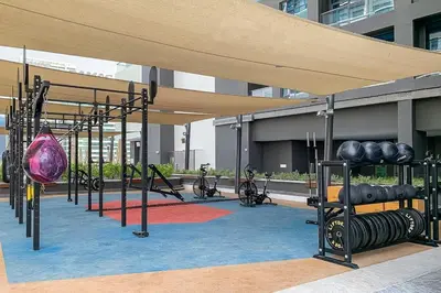 a gym with lots of exercise equipment in a building at Frank Porter - 15 Northside Tower 2A in Dubai