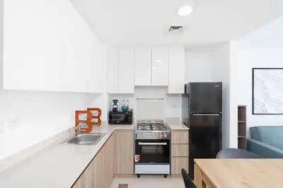 a kitchen with a black refrigerator and a sink at Nice 1Bedroom - UNA Townsquare in Dubai
