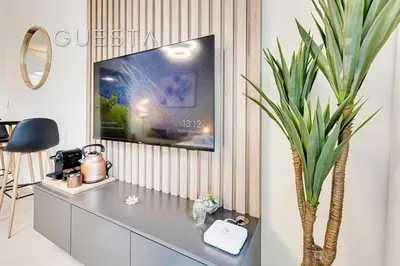 a living room with a tv and a table with a plant at Sparkle Tower - Studio, Dubai Marina in Dubai