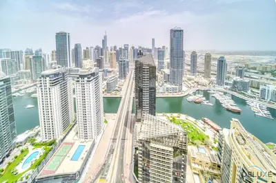 an aerial view of a city with tall buildings at Stylish 2BR At Shams 1 JBR by Deluxe Holiday Homes in Dubai