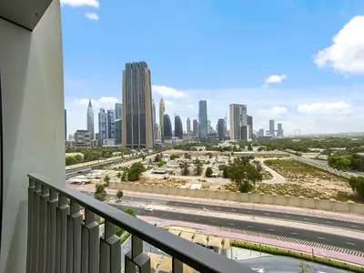 a view of a city skyline from a balcony at Silkhaus modern & chic 1BDR in new tower with pool & gym in Dubai