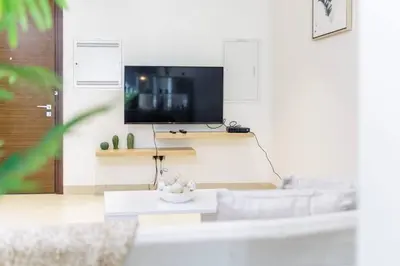 a living room with a tv and a couch at Spacious Minimalistic Studio in Dubai