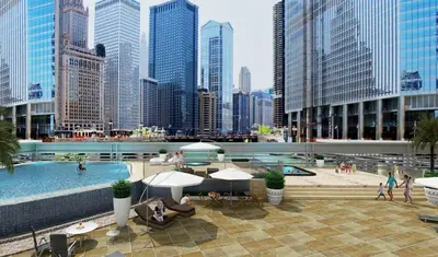 a view of a city with a pool and buildings at Daniels Cityscape Studio at Elite Downtown in Dubai