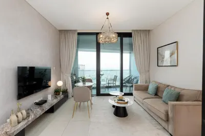 a living room with a couch and a table at Address JBR Marina Views, Address Beach Resort Residence, Dubai Marina - Mint Stay in Dubai