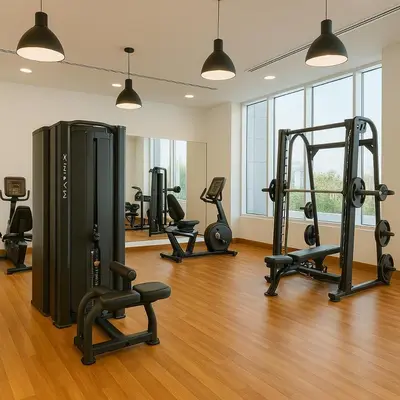 a gym with several exercise equipment in a room at Luxurious & Modern Studio in JVC in Dubai