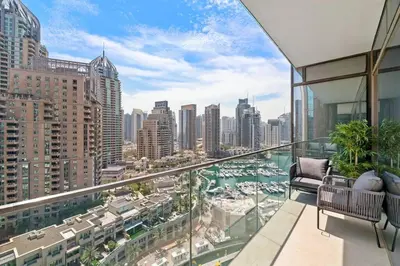 a balcony with a view of a city at StoneTree - Modern Living in Dubai Marina in Dubai