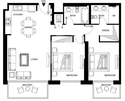 a black and white floor plan of a house at Sea view 2-Bedroom - Beach Isle in Dubai