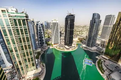 an aerial view of a city with tall buildings at Lake Terrace I JLT I 1 Bedroom Apartment in Dubai