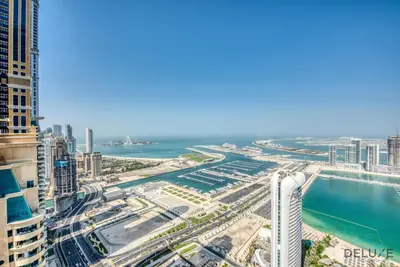 a view of the city of dubai from a skyscraper at Exquisite 3BR at Ocean Heights Dubai Marina by Deluxe Holiday Homes in Dubai
