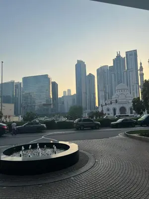 a group of birds sitting in a fountain in a city at 8 Boulevard Walk 'Heart of Downtown' in Dubai