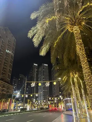 a palm tree with lights in a city at night at 8 Boulevard Walk 'Heart of Downtown' in Dubai