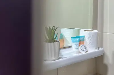 a shelf in a bathroom with toilet paper and a plant at Cool Studio near to Metro & Beach in Dubai Marina in Dubai
