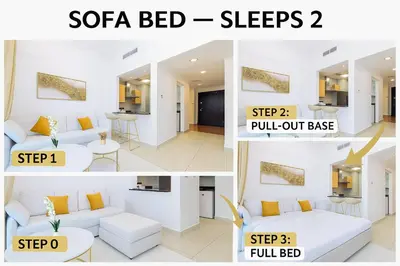 a collage of three pictures of a living room at Luxury 1 Bedroom Full Marina View, Sleeps 6, 1 Min to Metro in Dubai