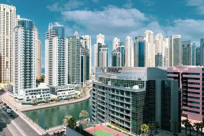 an aerial view of a city with tall buildings at Luxury 1 Bedroom Full Marina View, Sleeps 6, 1 Min to Metro in Dubai