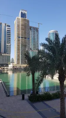 two palm trees next to a body of water with buildings at Preatoni Tower - JLT by Golden Casa in Dubai