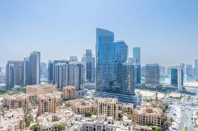 an aerial view of a city with tall buildings at The Residences Towers - 3 Minute Walk to Dubai Fountain in Dubai
