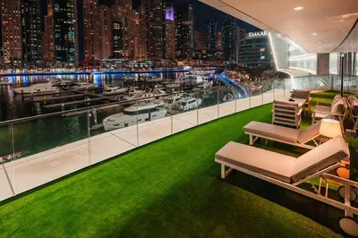 a view of a marina from the top of a building at Vida Dubai Marina & Yacht Club, Hotel and Residences, Luxurious 2BR in Dubai