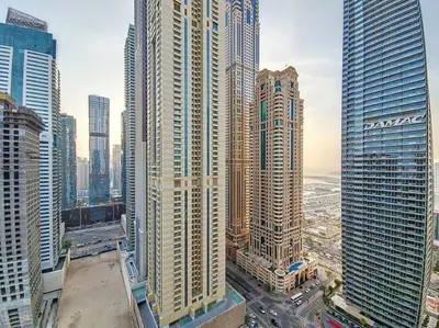 an aerial view of a city with tall buildings at Marina Arcade - Neat Two Bedroom in Dubai