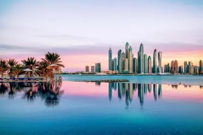 a skyline of a city with palm trees and buildings at Daniels Sea View 2BR in Oceana The Palm Jumeirah in Dubai