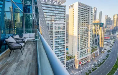 a balcony with a view of a city at New Arabian 2 Bedroom J One Tower Business Bay in Dubai