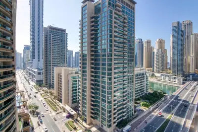 an aerial view of a city with tall buildings at GuestReady - Exquisite residence in Dubai Marina in Dubai