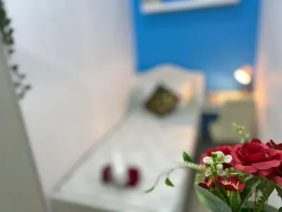 a vase filled with red roses in a room at Bachelor Partition Room in Tecom in Dubai