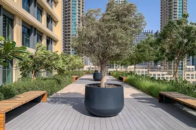 a row of benches and a tree in a park at Frank Porter - Burj Royale in Dubai