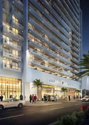 a rendering of a building with a car in front at Aura Azizi - Downtown Jabel Ali by Golden Casa in Dubai