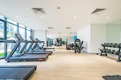 a gym with rows of treadmills and machines at Decent 1BR at Azizi Riviera 17, Al Merkadh by Deluxe Holiday Homes in Dubai
