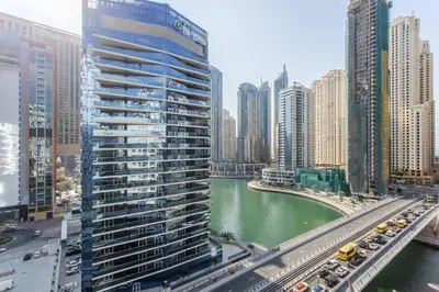a view of a city with a river and buildings at Frank Porter - Marina Views Tower B in Dubai