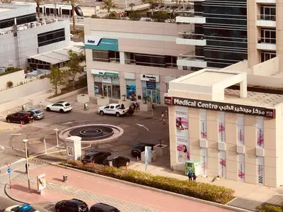 an aerial view of a parking lot in a city at Full sea view with balcony - Studio Apartment - 10 min to JBR - in Dubai