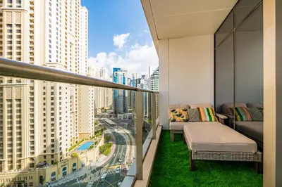 a balcony with a view of a city at SettlerHomes - Sparkle Tower 2 with Stunning Views in Dubai
