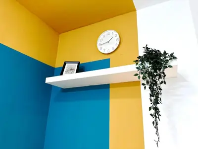 a wall with a clock and a shelf with a plant at Decent Partition Room in Barsha Heights Near Metro in Dubai