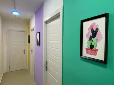 a hallway with a painting of a cactus on a wall at Cozy Loft Partition Room in Barsha Heights in Dubai