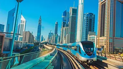 a blue and white train on tracks in a city at Fancy Partition Room Near Mashreq Metro / SZ Road in Dubai