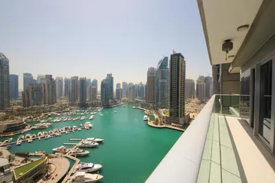 a view of a river in a city with boats at AHH - Panoramic Marina Views - Stylish 2BR at DAMAC Heights in Dubai
