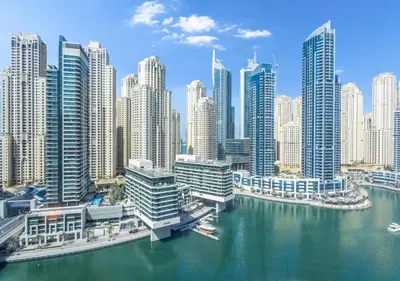 a view of a city with tall buildings and water at Luxury 1BR Apartment in the heart Marina, Connection to Dubai Marina Mall - Silverene tower in Dubai