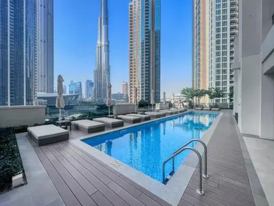 a swimming pool on the roof of a building at Downtown Dubai- 2BR Apartment in ACT Towers in Dubai